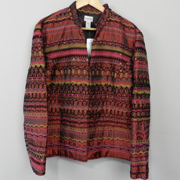 Chico's Jacket Size XL 3 Embroidered Beaded Southwestern Boho Artisan Burgundy - Picture 1 of 12